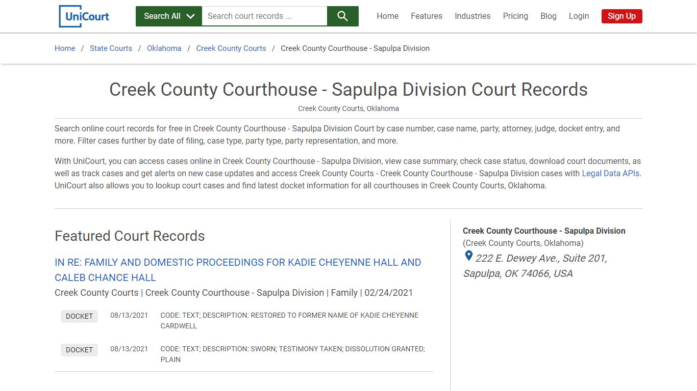 Creek County Courthouse - Sapulpa Division Court Records