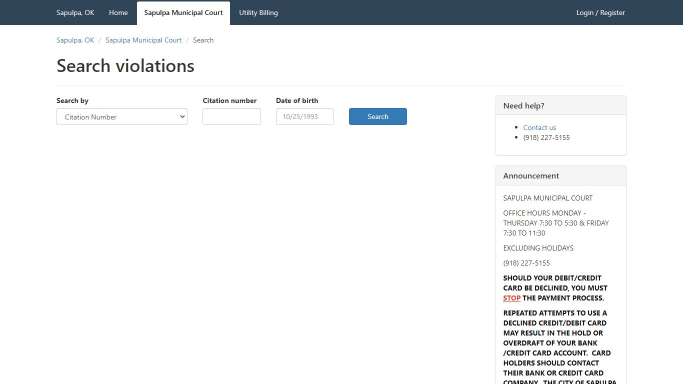Search - Search violations - Sapulpa Municipal Court - Sapulpa, OK ...
